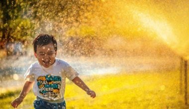 happy kid running through lawn sprinklers